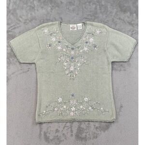Bentley Sweater Womens Medium Green Short Sleeve V-Neck Floral Embroidered Knit